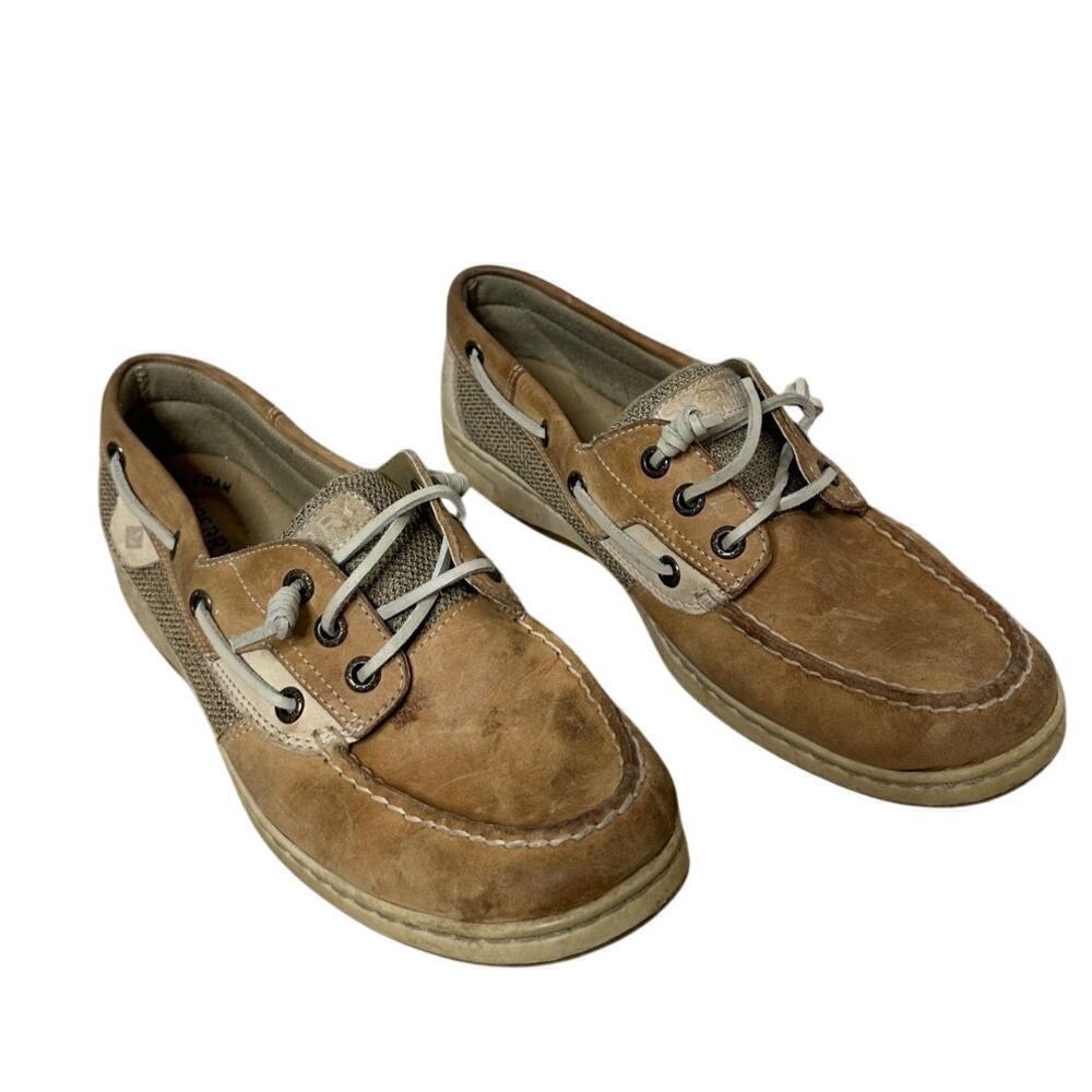 Sperry Size 8.5 Womens Tan Brown Leather Boat Shoes Preppy Loafer Well Worn Dirt